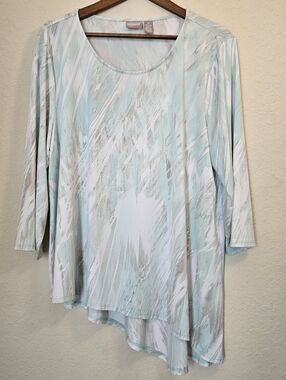 Chicos Tunic Top Womens XL Teal Beige Abstract Asymmetrical Hem Made In The USA